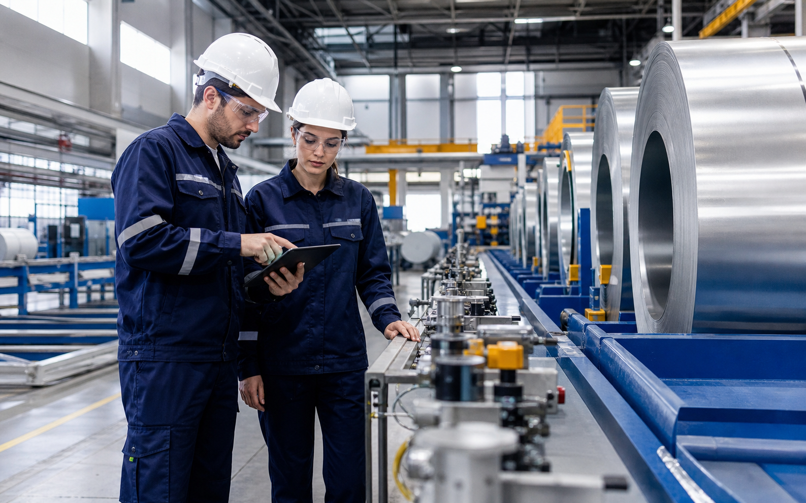Metal üretim hattında süreç denetimi yapan kalite uzmanları