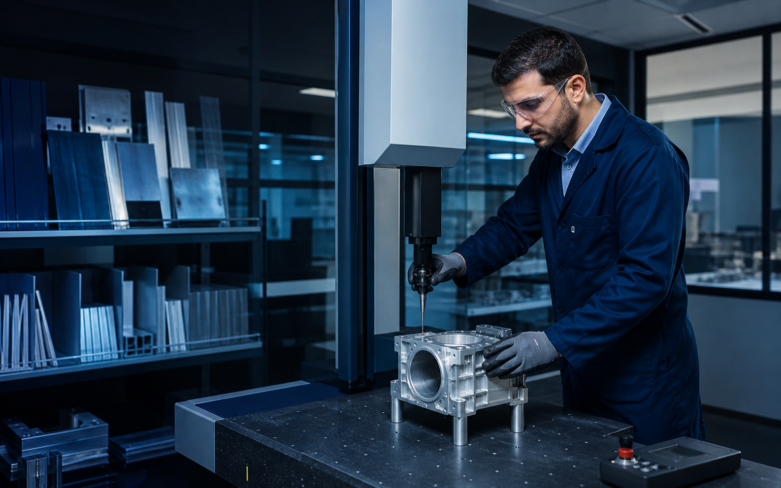 Hassas ölçüm laboratuvarında alüminyum parça kontrolü