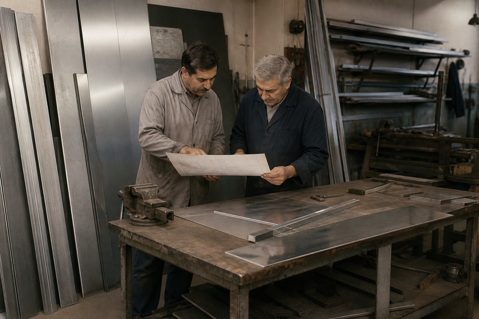 Geleneksel metal atölyesinde teknik çizim inceleyen ustalar