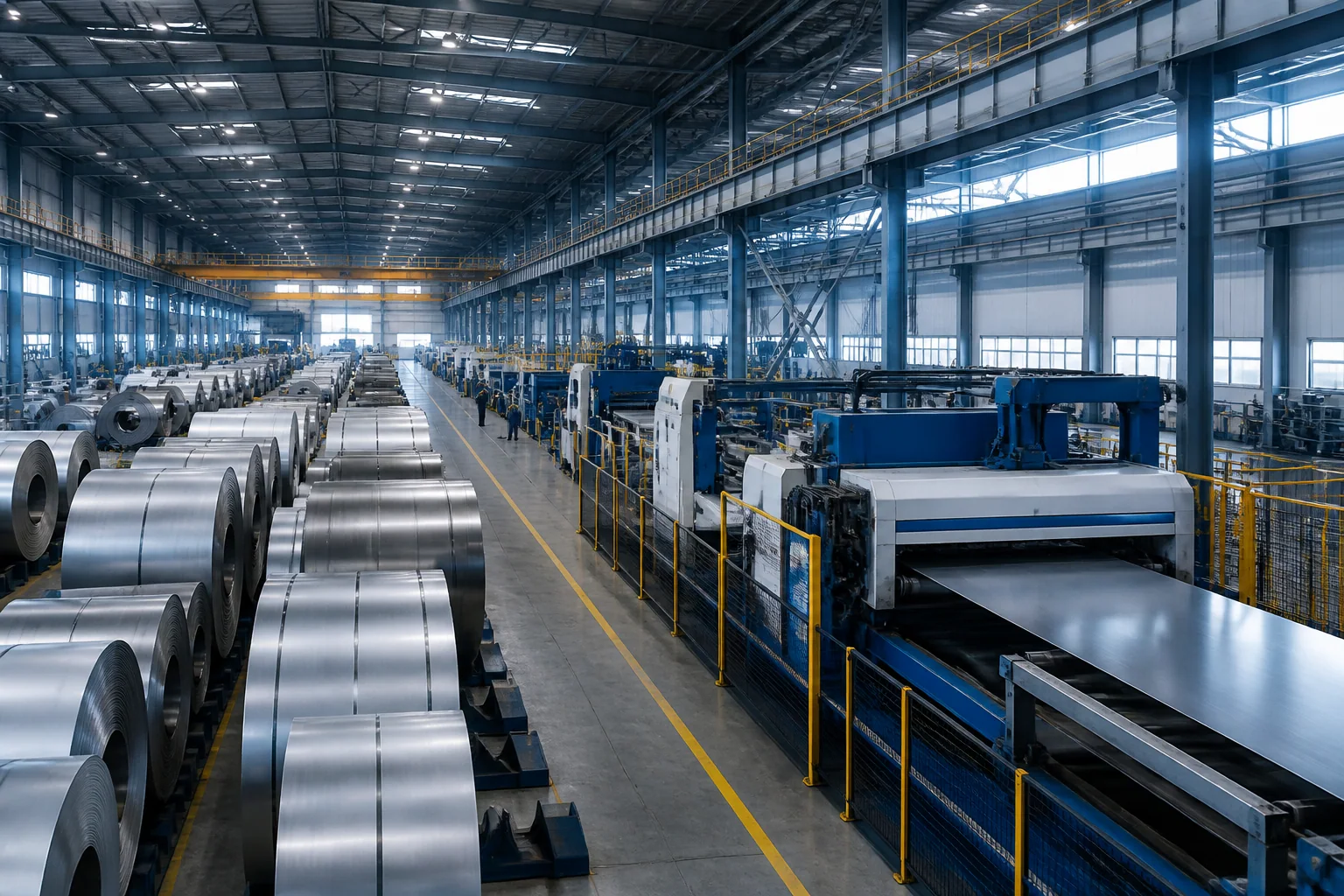 Metal ruloların ve işleme hatlarının bulunduğu modern stok tesisi