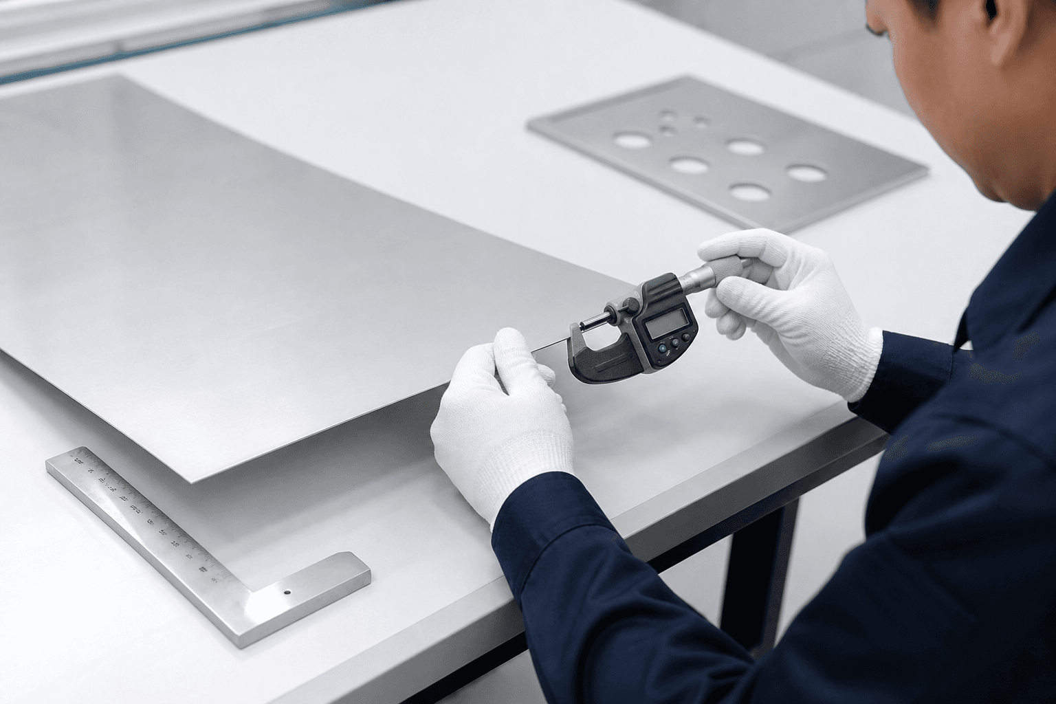 0,5 mm alüminyum levhada mikrometre ile kalınlık kontrolü