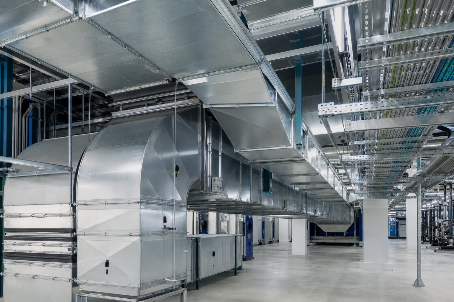 Galvaniz sacdan üretilmiş modern HVAC kanal ve tesisat sistemi