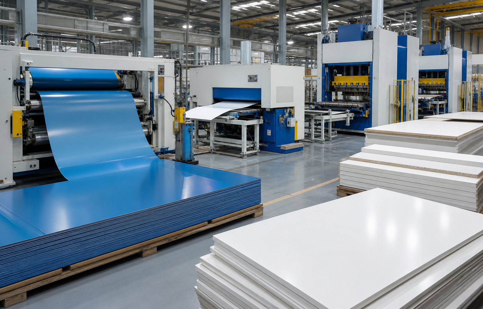 Boyalı levhaların işlendiği modern panel üretim hattı