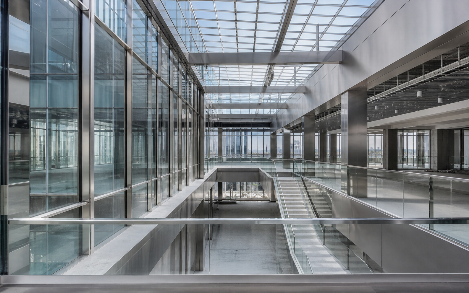 Paslanmaz profiller kullanılan çağdaş cam ve metal atrium