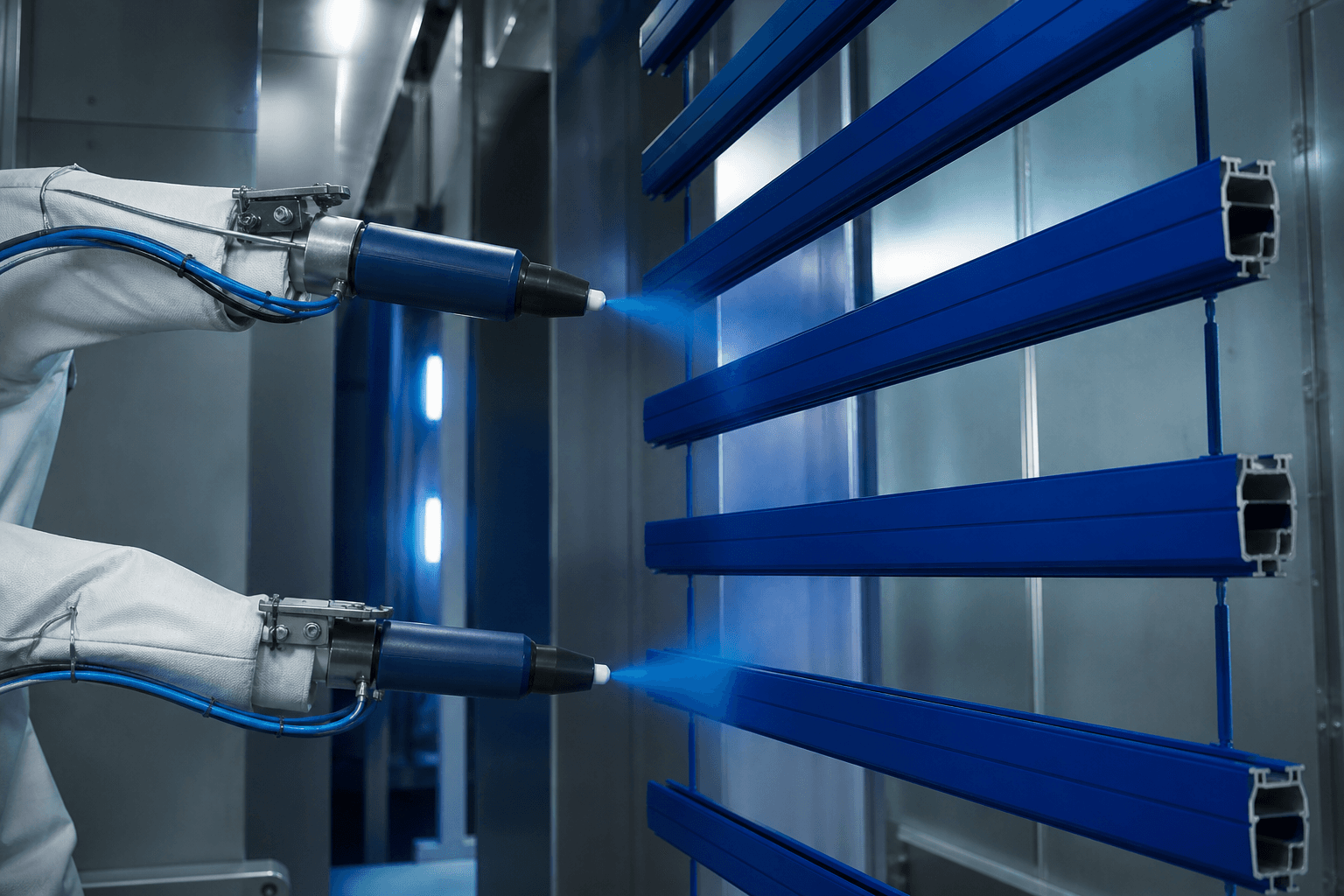 Aluminiumprofile beim Beschichten mit elektrostatischen Pulverpistolen