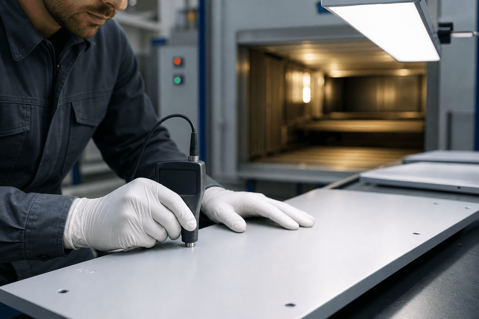 Schichtdickenprüfung an einem beschichteten Aluminiumpaneel