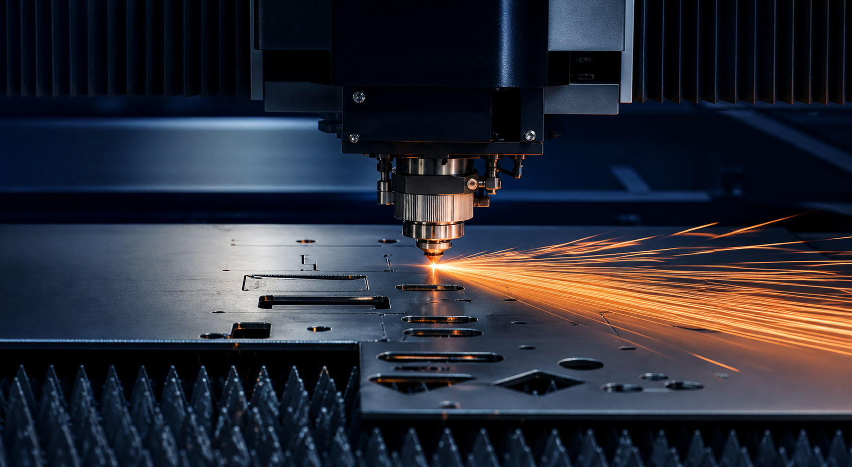 Metal levhayı kesen CNC fiber lazer kafasının yakın planı