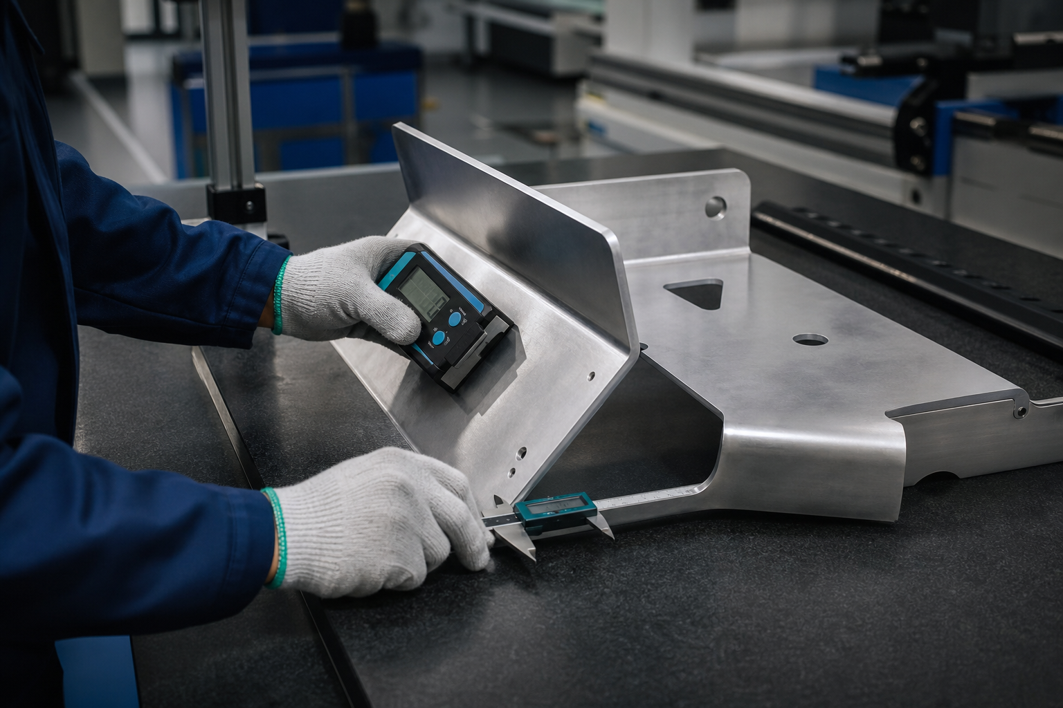 Bükülmüş metal parçanın dijital açıölçer ve kumpasla kontrolü