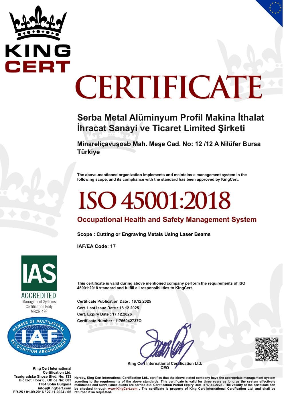 ISO 45001:2018 İş Sağlığı ve Güvenliği Yönetim Sistemi
