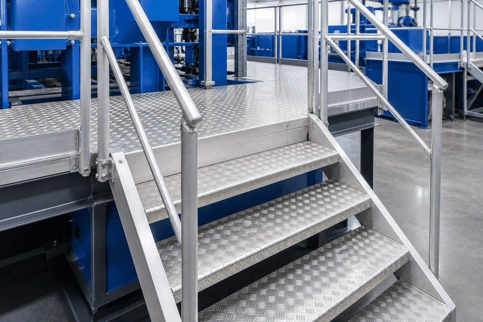 Podest und Treppe aus Aluminium-Riffelblech in einer Industrieanlage