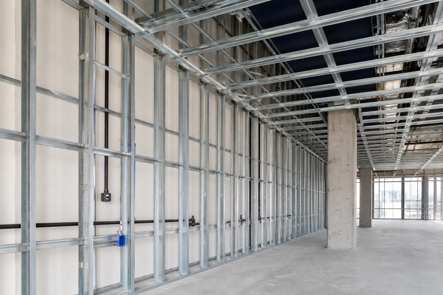 Modern yapıda galvaniz profil duvar ve tavan taşıyıcı sistemi