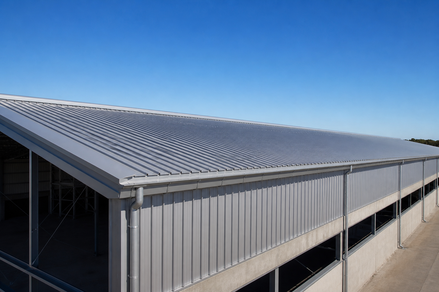 Galvaniz trapez çatı ve cephe kaplamalı modern endüstriyel yapı