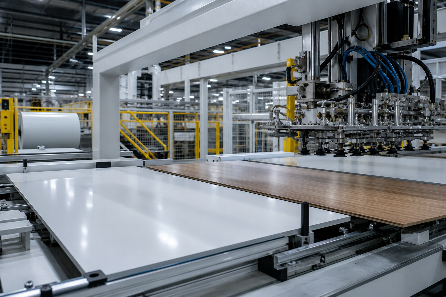 PVC kaplı levhaların işlendiği modern üretim hattı