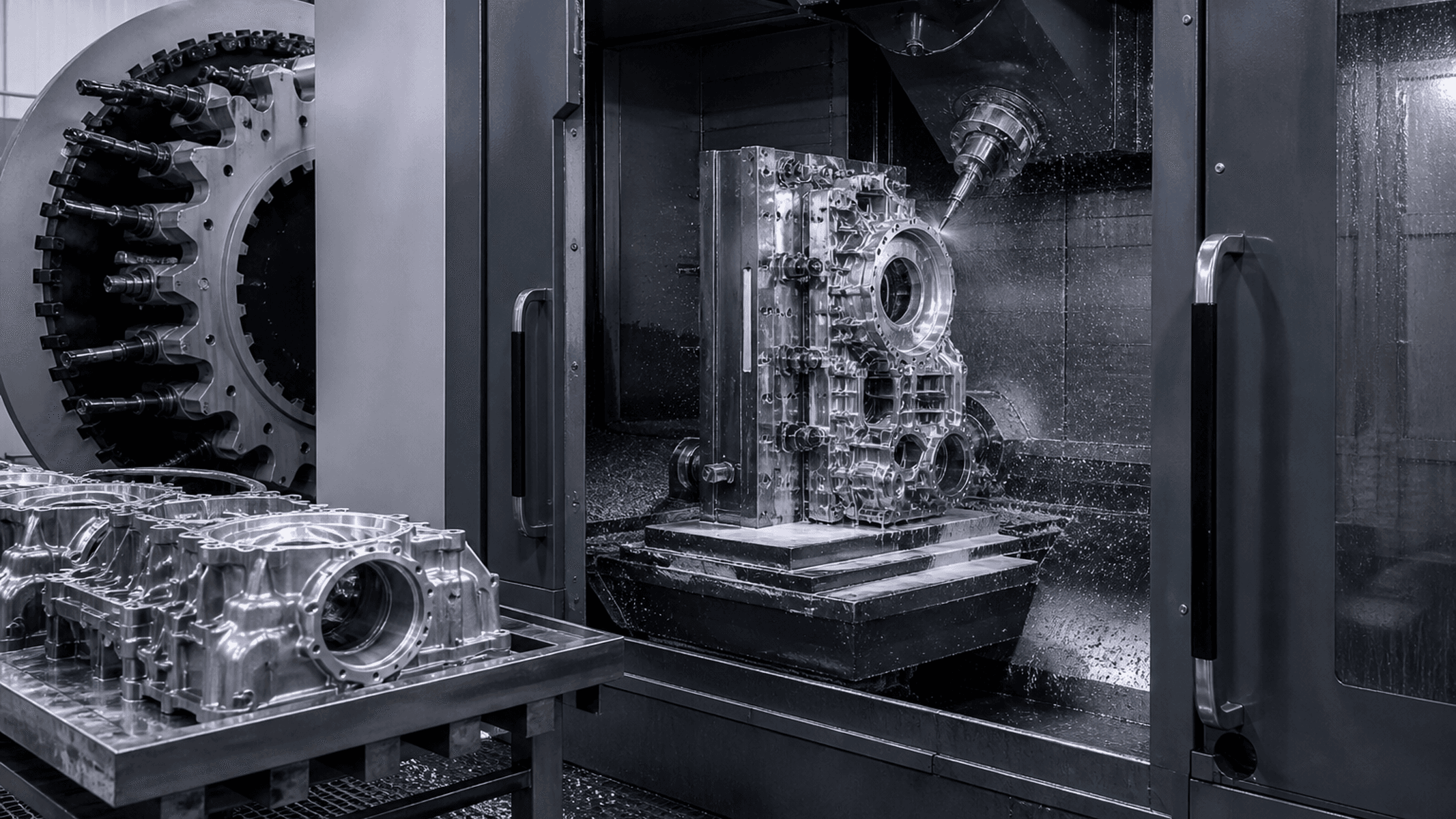 CNC üretim hattı, endüstriyel robot ve işlenmiş metal parçalar