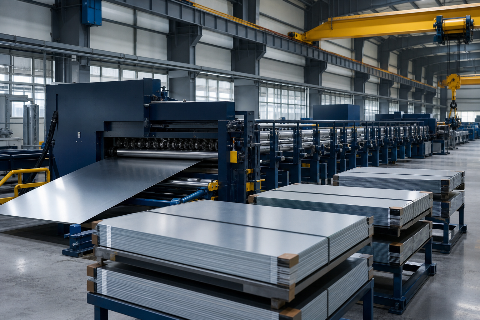 Boy kesme hattından çıkan ebatlanmış metal levhalar