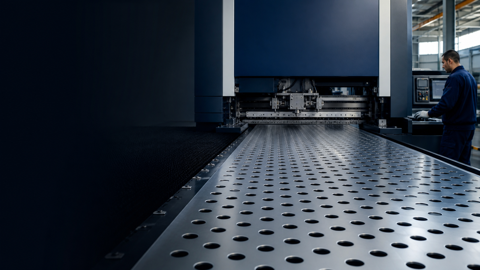 CNC hattında düzenli deliklerle işlenen metal levha