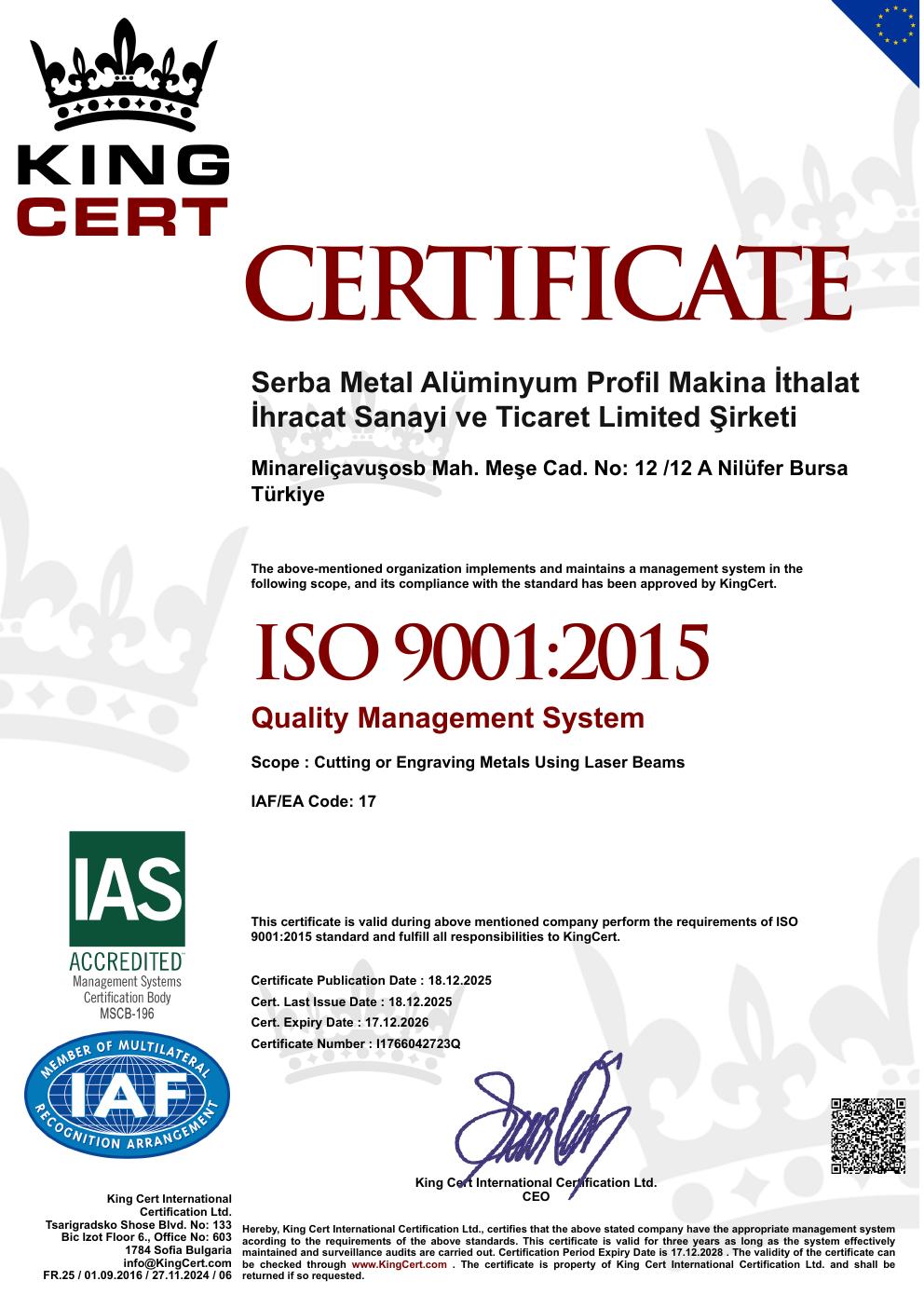 ISO 9001:2015 Kalite Yönetim Sistemi belge kapağı
